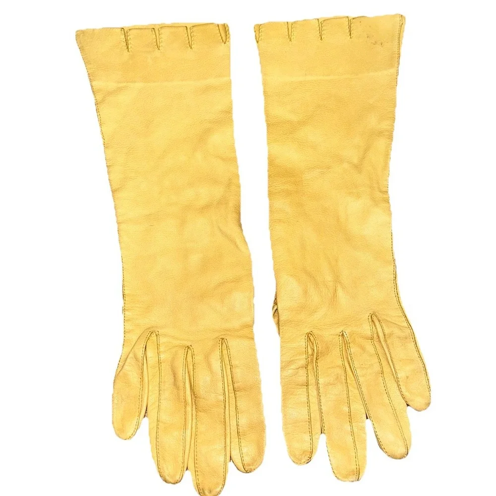Vintage 1950's Kay Fuchs Design Yellow Kid Leather Long Opera‎ Gloves 6 1/4